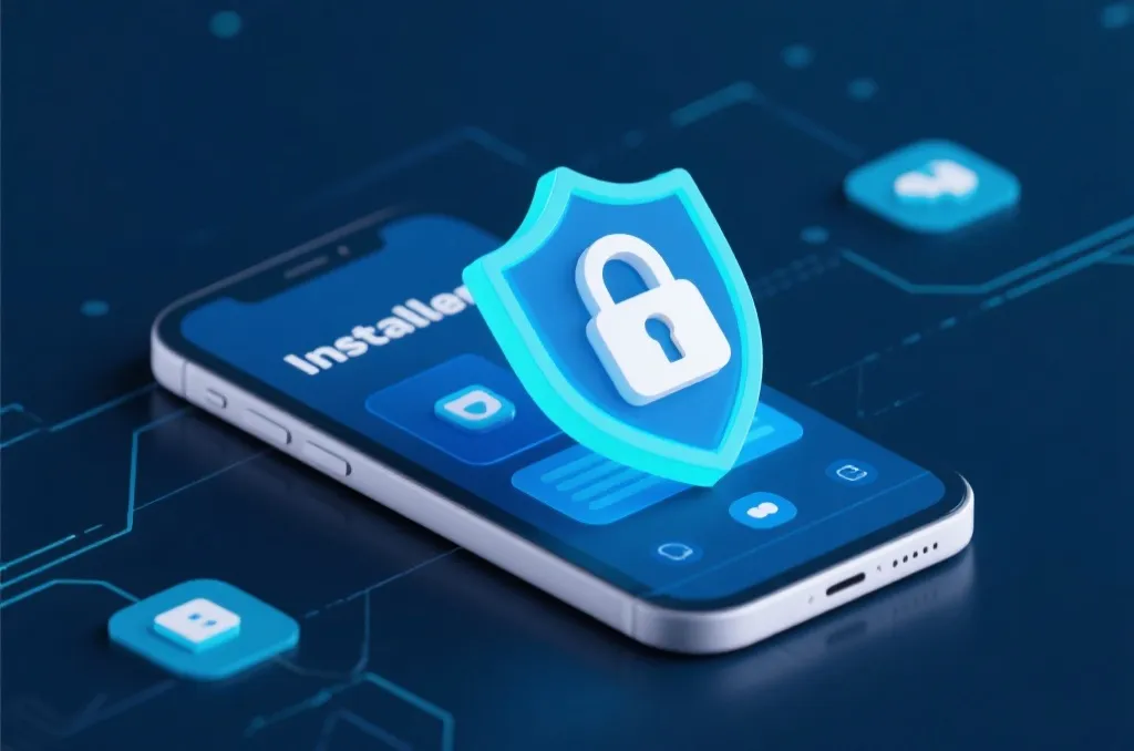 An abstract concept of smartphone security showing an installation shield and secure lock icons