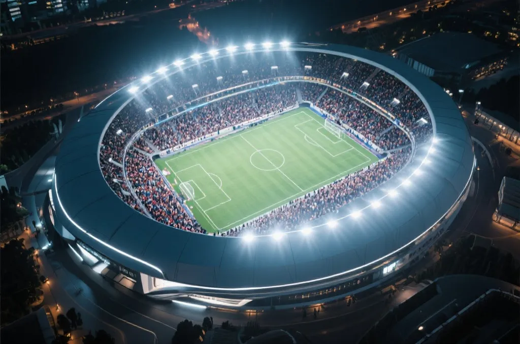 An aerial view of a futuristic mega soccer stadium packed with fans under bright floodlights